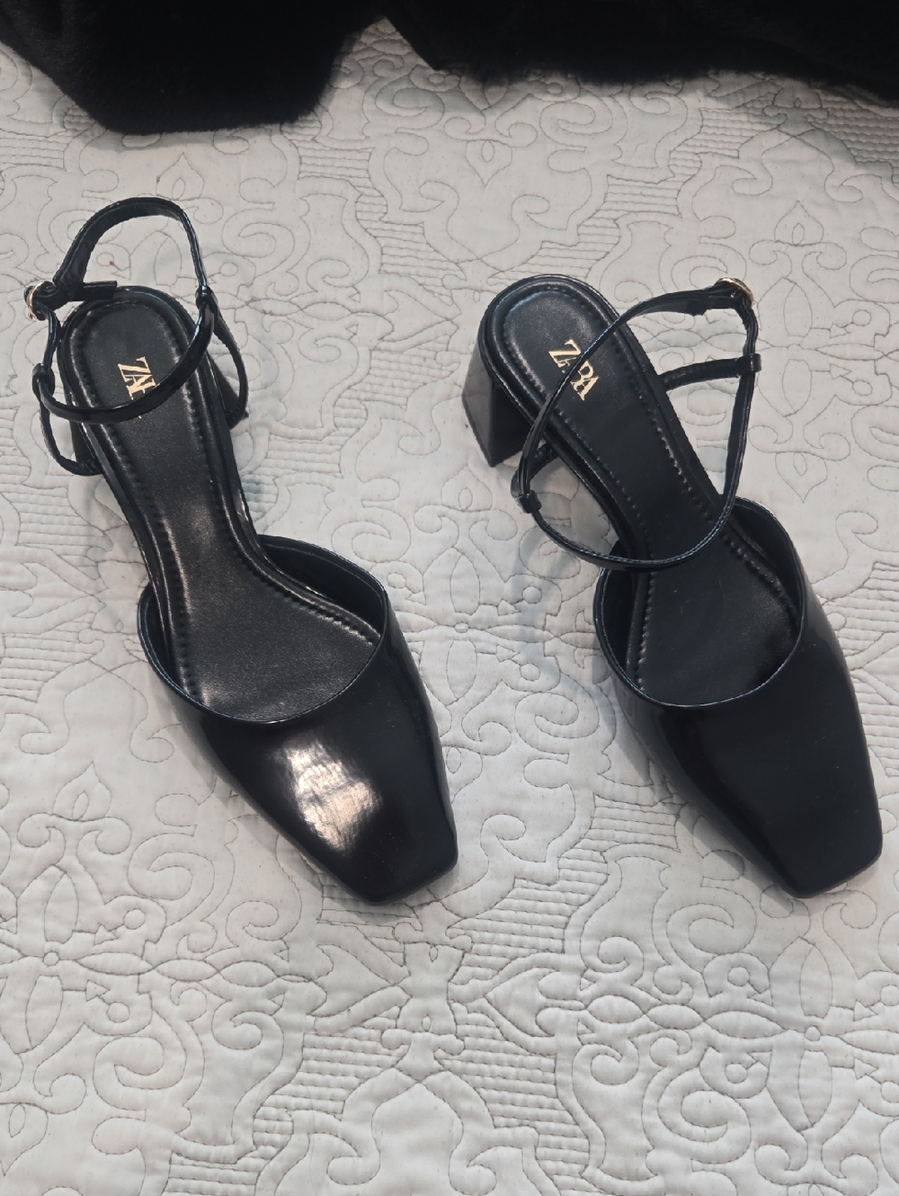ZARA Black Strappy Square-Toe Block Heels